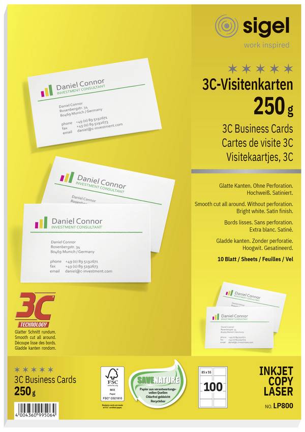 Sigel LP800 Bedrukbare visitekaarten, gladde kant 85 x 55 mm Helderwit 100 stuk(s) Papierformaat: DIN A4