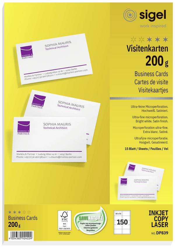 Sigel DP839 Bedrukbare visitekaarten 85 x 55 mm Helderwit 150 stuk(s) Papierformaat: DIN A4