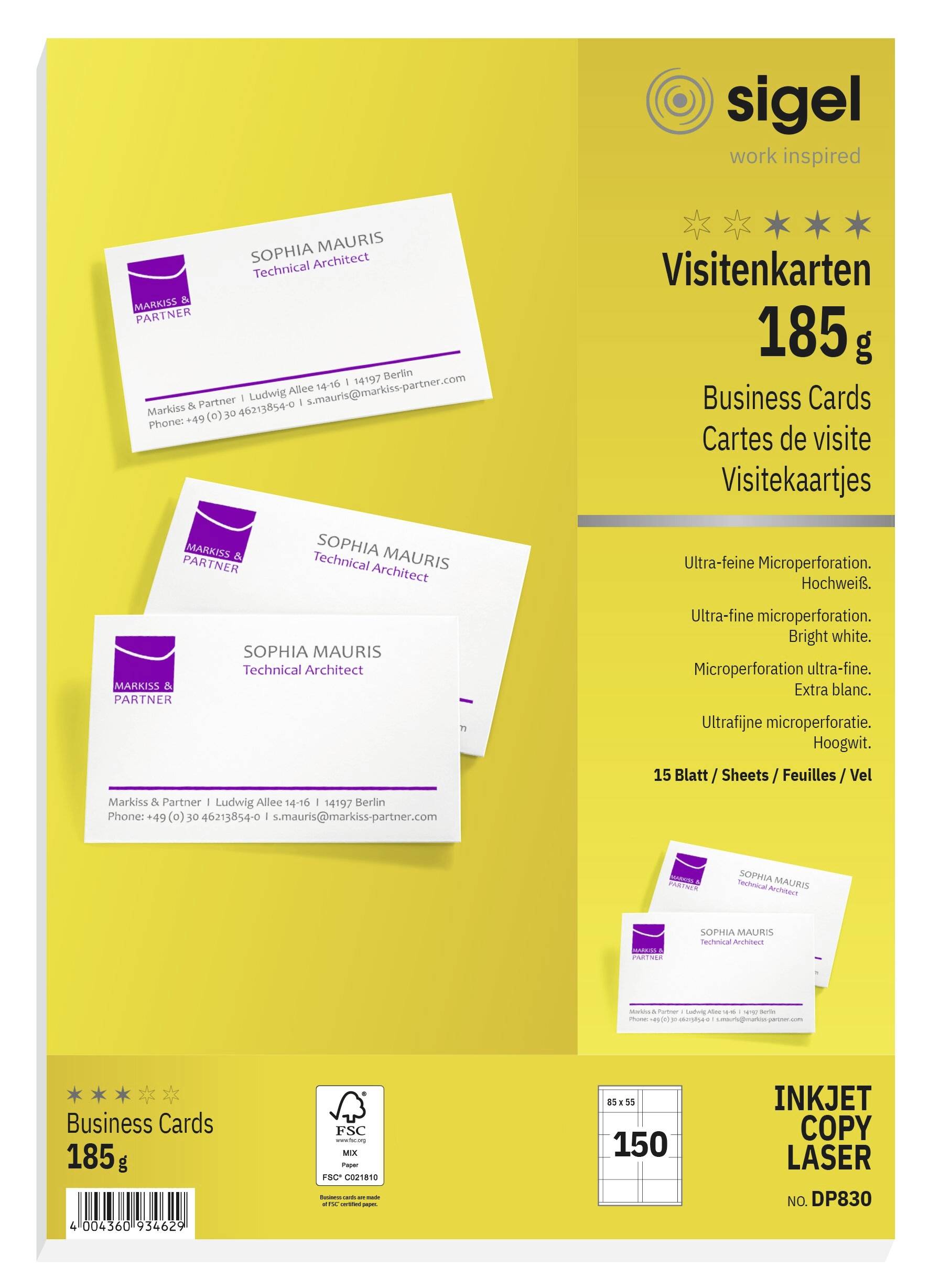 Sigel DP830 Bedrukbare visitekaarten 85 x 55 mm Helderwit 150 stuk(s) Papierformaat: DIN A4