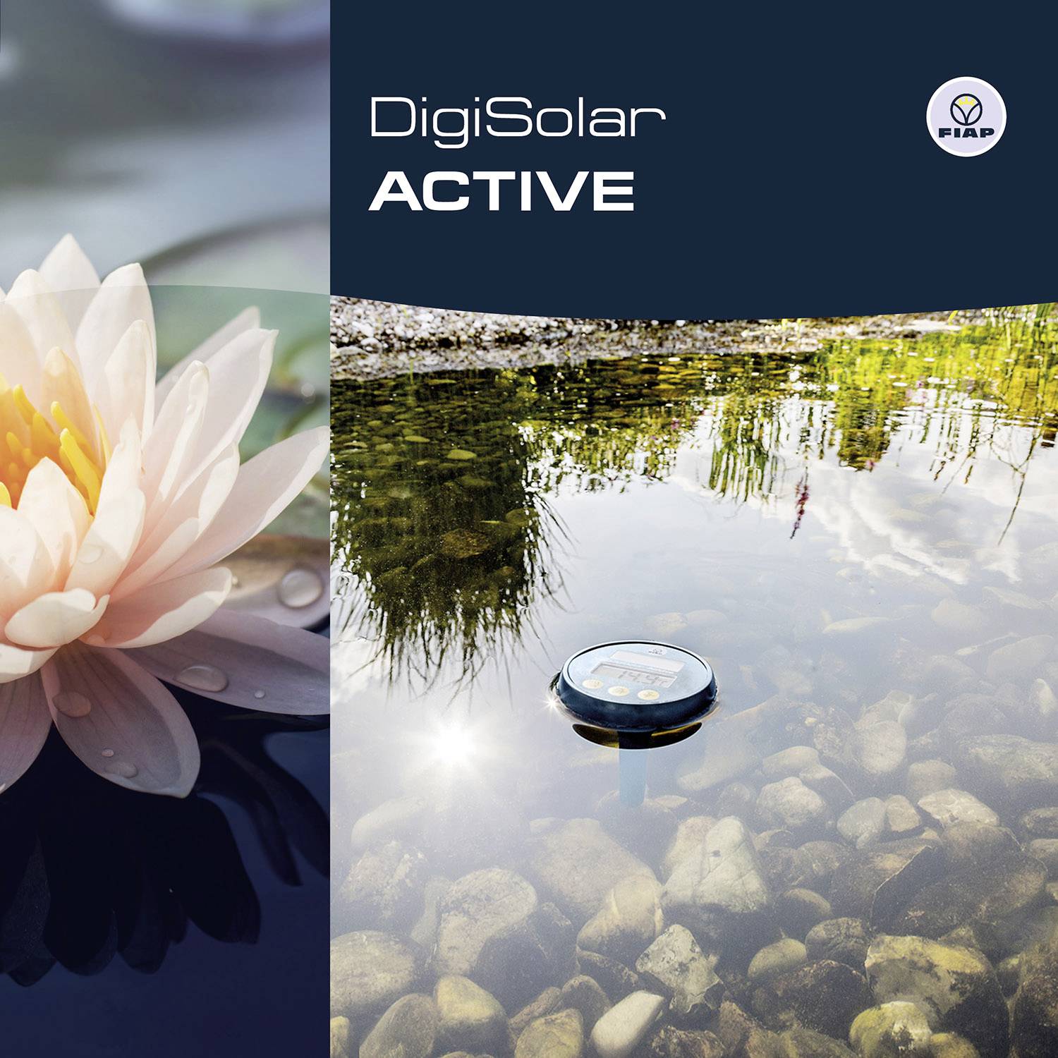 'Voorgrond toont een witte bloem in het water. Rechts een watertemperatuurmeter in de vijver. Bovenaan staat "DigiSolar ACTIVE".'