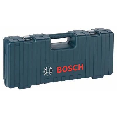 Zwarte Bosch-gereedschapskoffer met rood Bosch-logo in het midden, handgreep bovenaan en afsluitbare metalen klemmen.