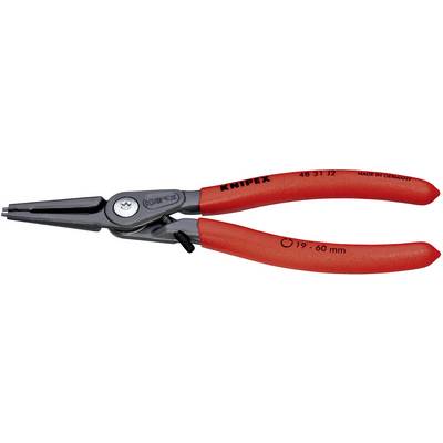Rode borgveertangetang met zwarte punten, geschikt voor borgringen van 19-60 mm. Opschrift: 'Knipex', vervaardigd in Duitsland.