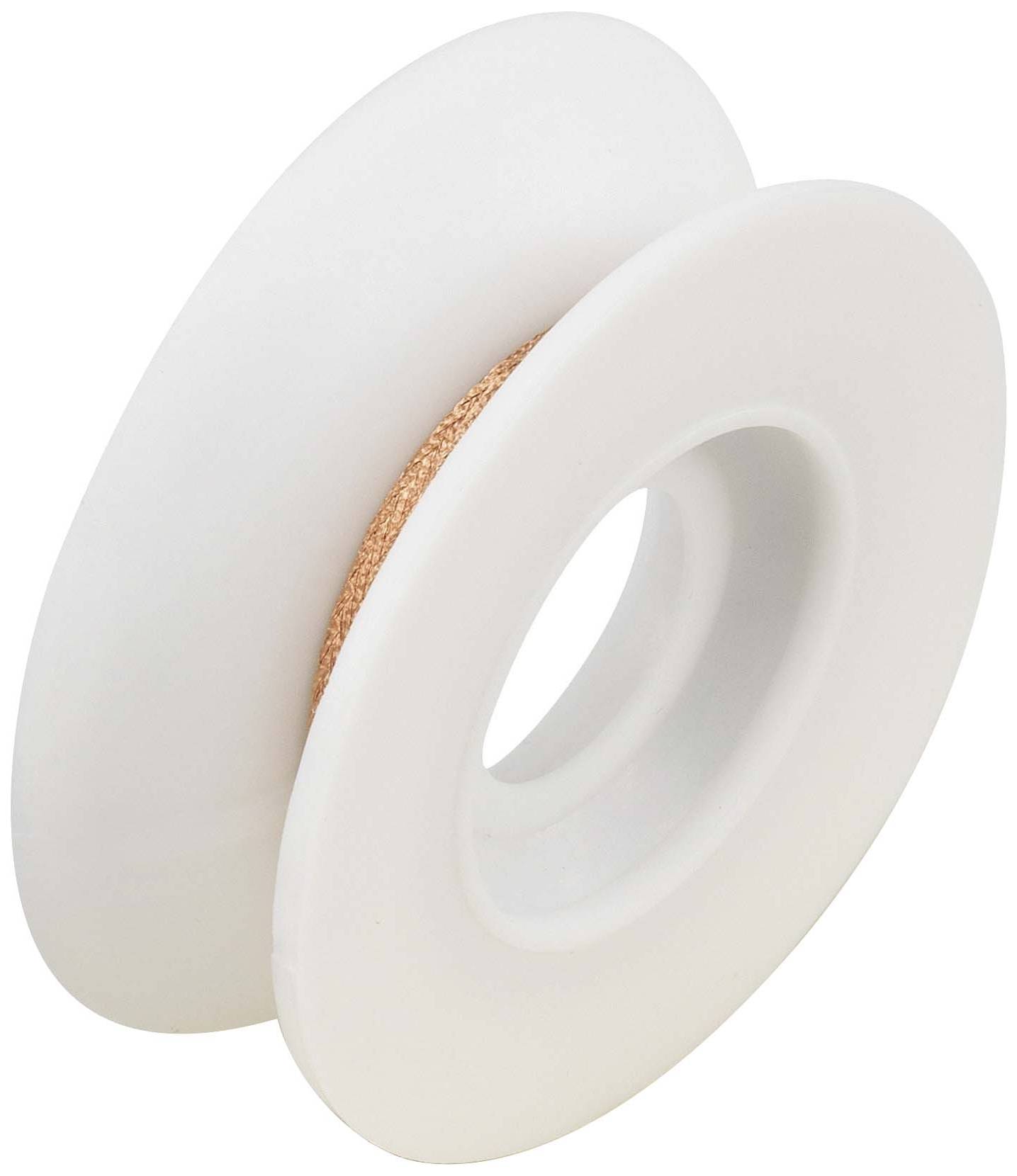 Een witte spoel met kopergekleurde draad, gedeeltelijk zichtbaar. Ze is cilindrisch met twee cirkelvormige schijven aan de uiteinden.