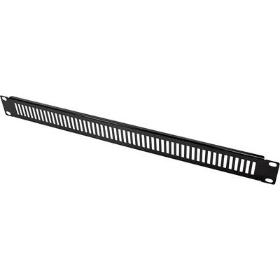 Een zwart 19-inch rack blinde plaat met ventilatiesleuven voor ventilatie in een server- of netwerkbehuizing.