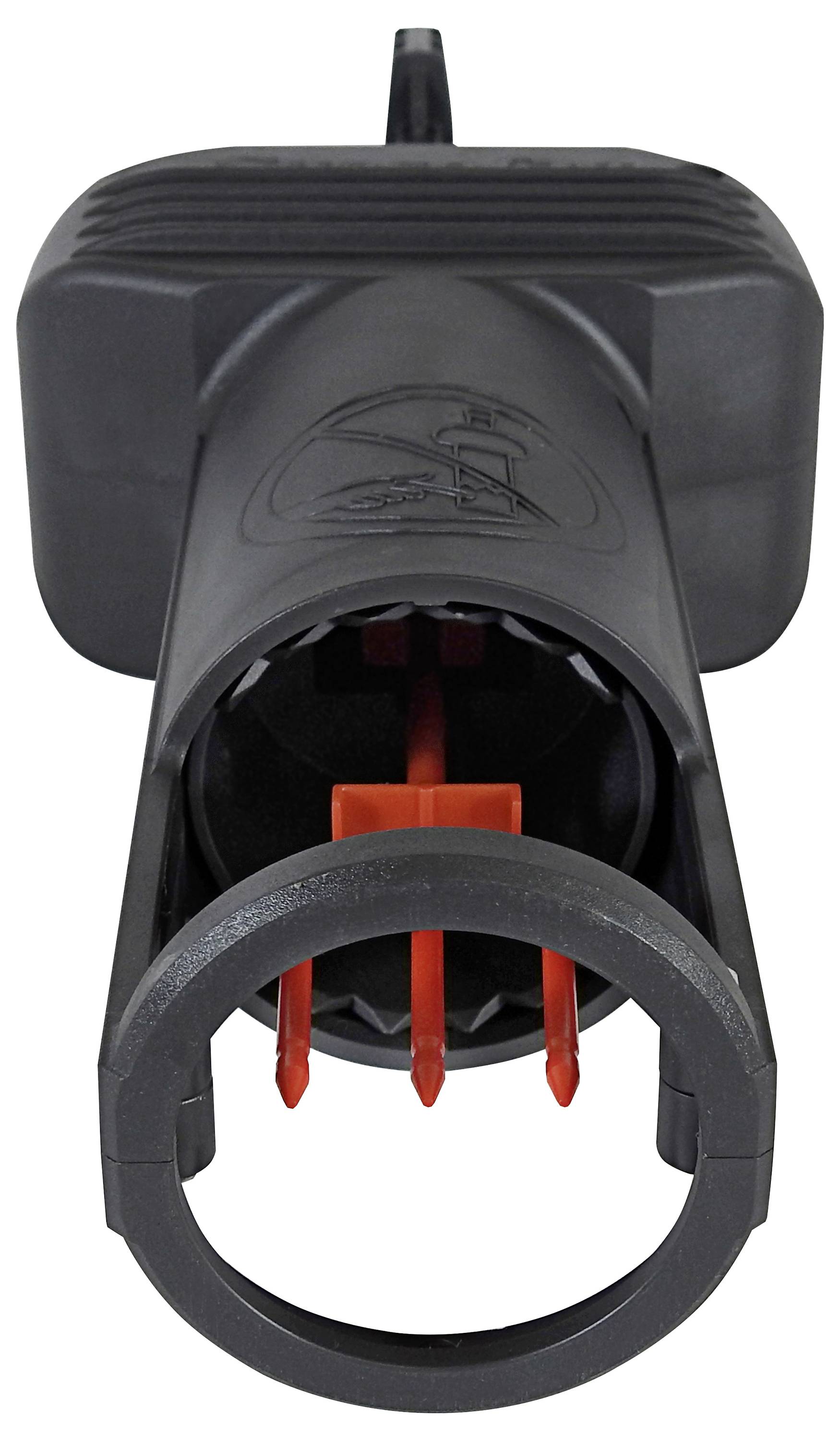 Zwart plastic gereedschap met rode pinnen, mogelijk een connector of bevestigingsapparaat, bekeken van voren, met zichtbare binnendetails.