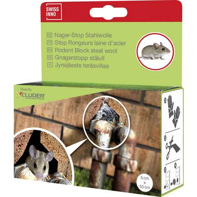 Muizenstop staalwol' verpakking met afbeeldingen van een muis en staalwol die leidingdoorvoeren afdicht, illustreert het productgebruik.