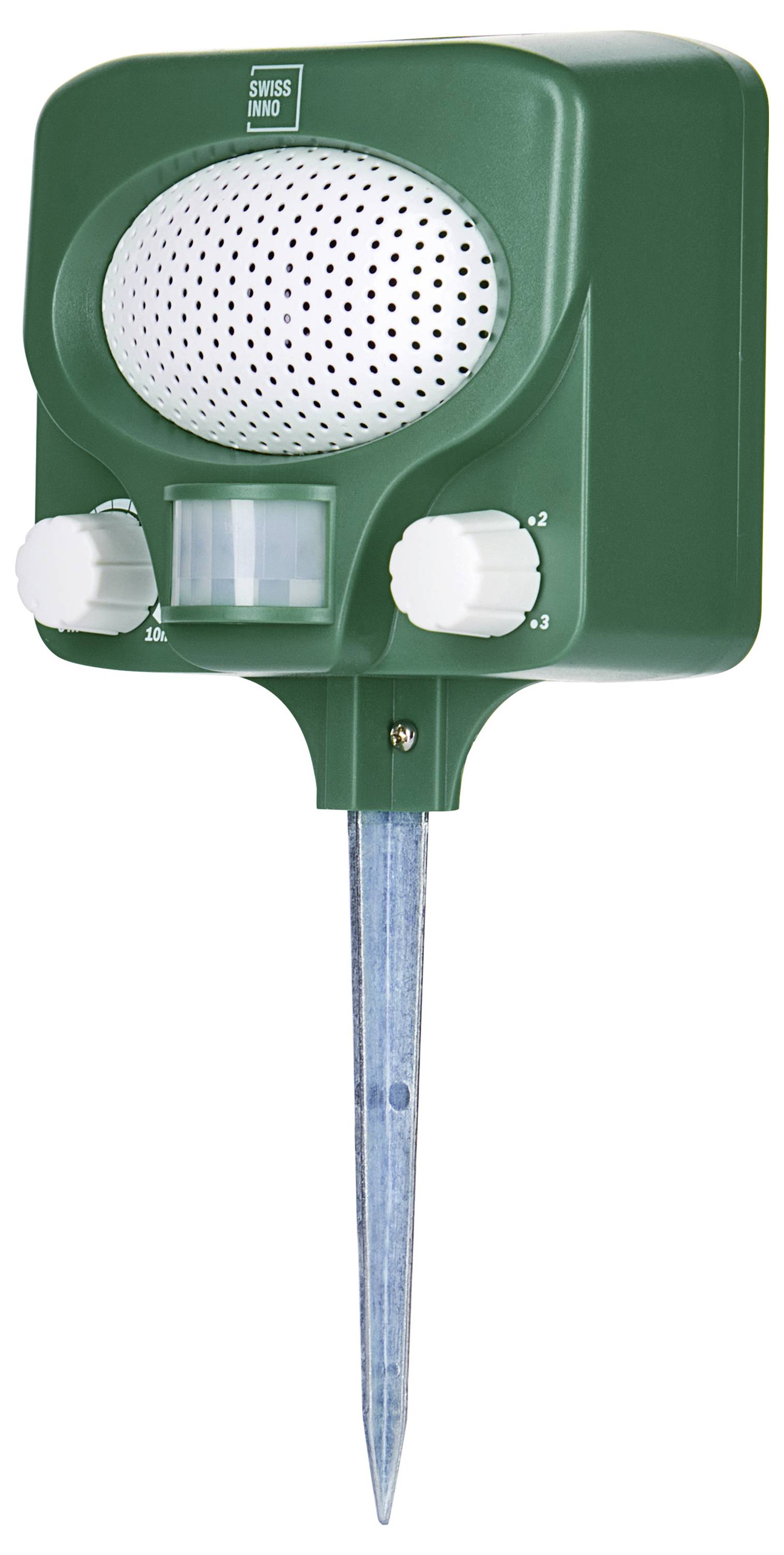 'Een groene ultrasonische dierenafweerder met een metalen pin. Bevat een speaker, bewegingssensor en twee regelknoppen voor instellingen.'