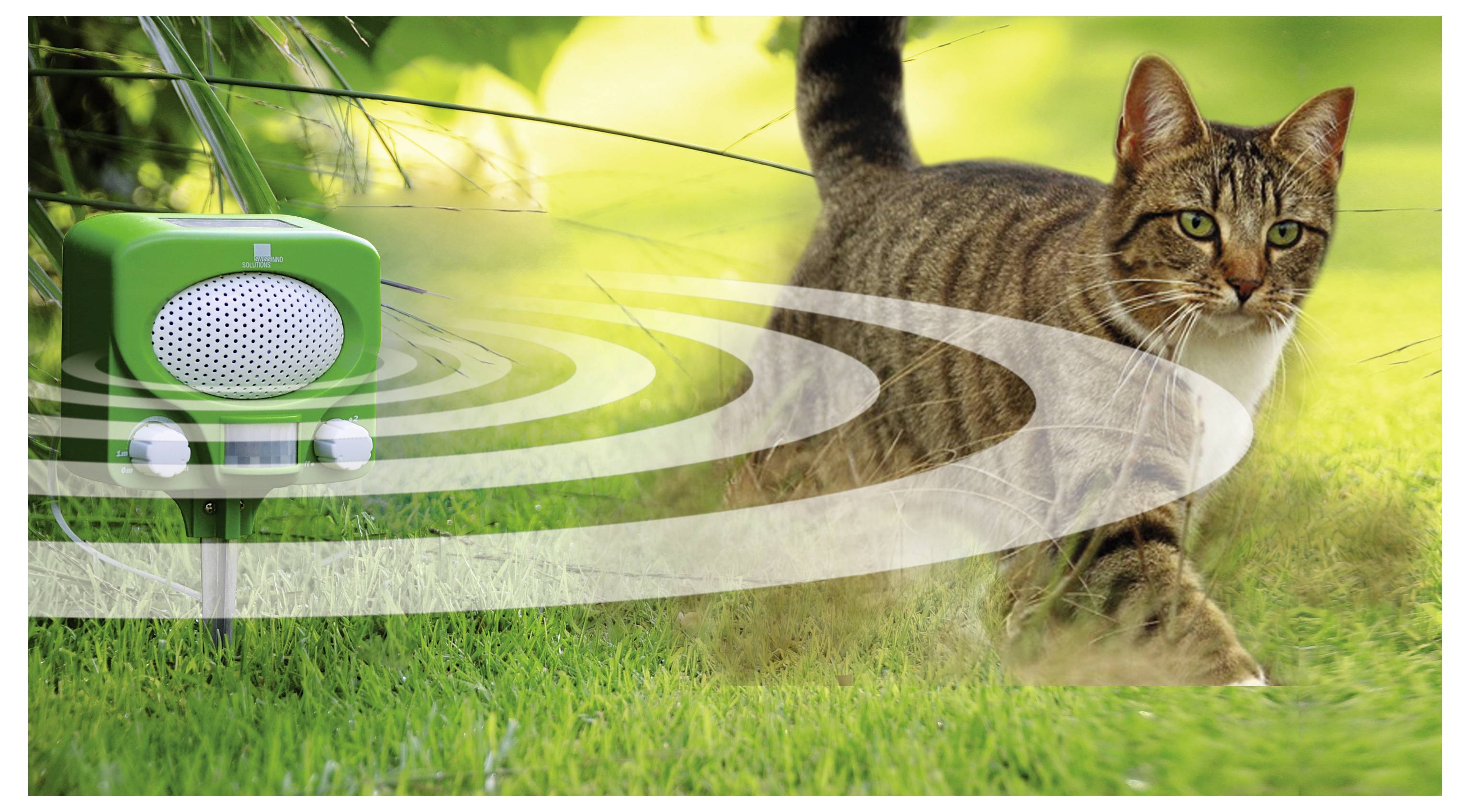 Een kat loopt over gras, terwijl een groen apparaat cirkelvormige golfpatronen uitzendt, wat suggereert dat het een kattenwerende installatie is.