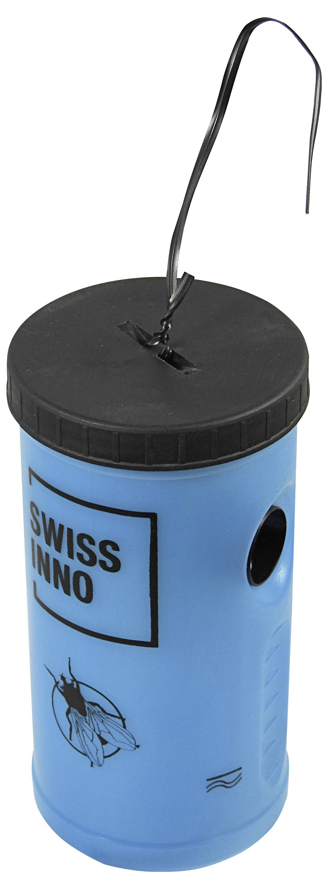 Blauwe insectenval met het label 'Swiss Inno', voorzien van een zwart deksel en een ophanghaak, ontworpen om insecten te vangen en vast te houden.