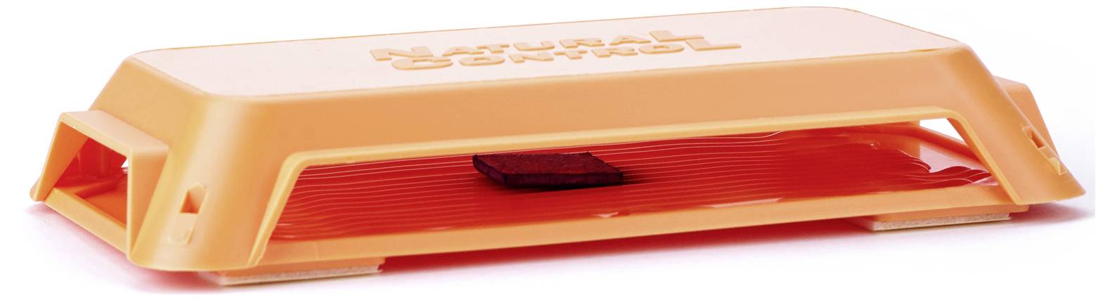 Een oranje plastic doos met een ventilatieopening en de woorden 'Natural Control' bovenop. Het is een ongediertebestrijdingsoplossing die is ontworpen voor het vangen van insecten.