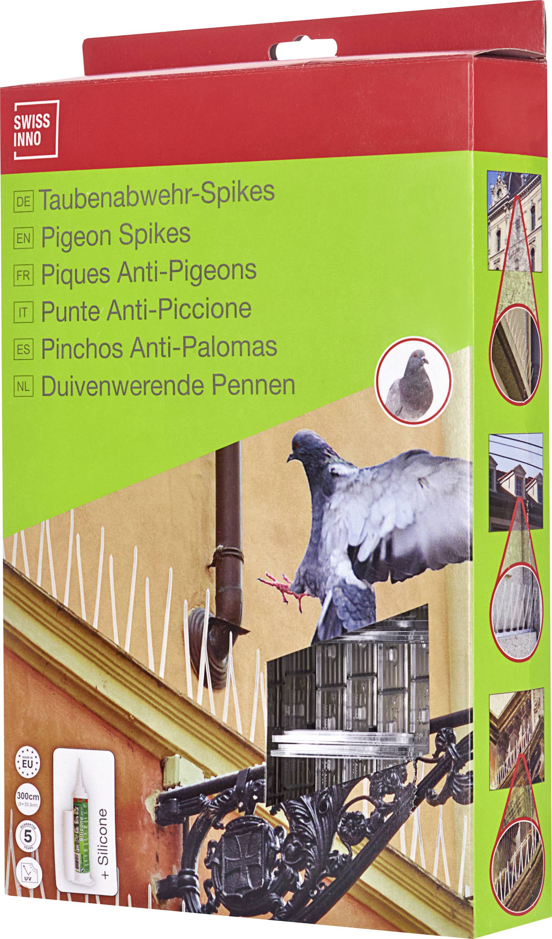 'Zwitserse INNO Duivenpinnen' verpakking met demonstratie van duivenafweer-installatie, meertalige tekst en kleine afbeeldingen van anti-duivenpinnen.