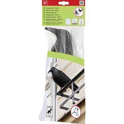 'Raaf' vogelafweermiddel verpakking met een afbeelding van een nepraaf zittend op een balkonleuning.