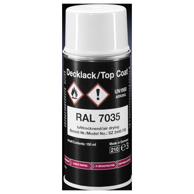 Spuitbus met witte deksel, etiket: 'Deklaag/Toplaag', 'RAL 7035', 'luchtdroog', 150 ml. Waarschuwingssymbolen voor ontvlambaarheid en voorzichtigheid.