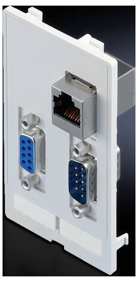 Witte wandcontactdoos met een RJ45-netwerkaansluiting en twee blauwe VGA-aansluitingen; bedoeld voor het verbinden van apparaten.