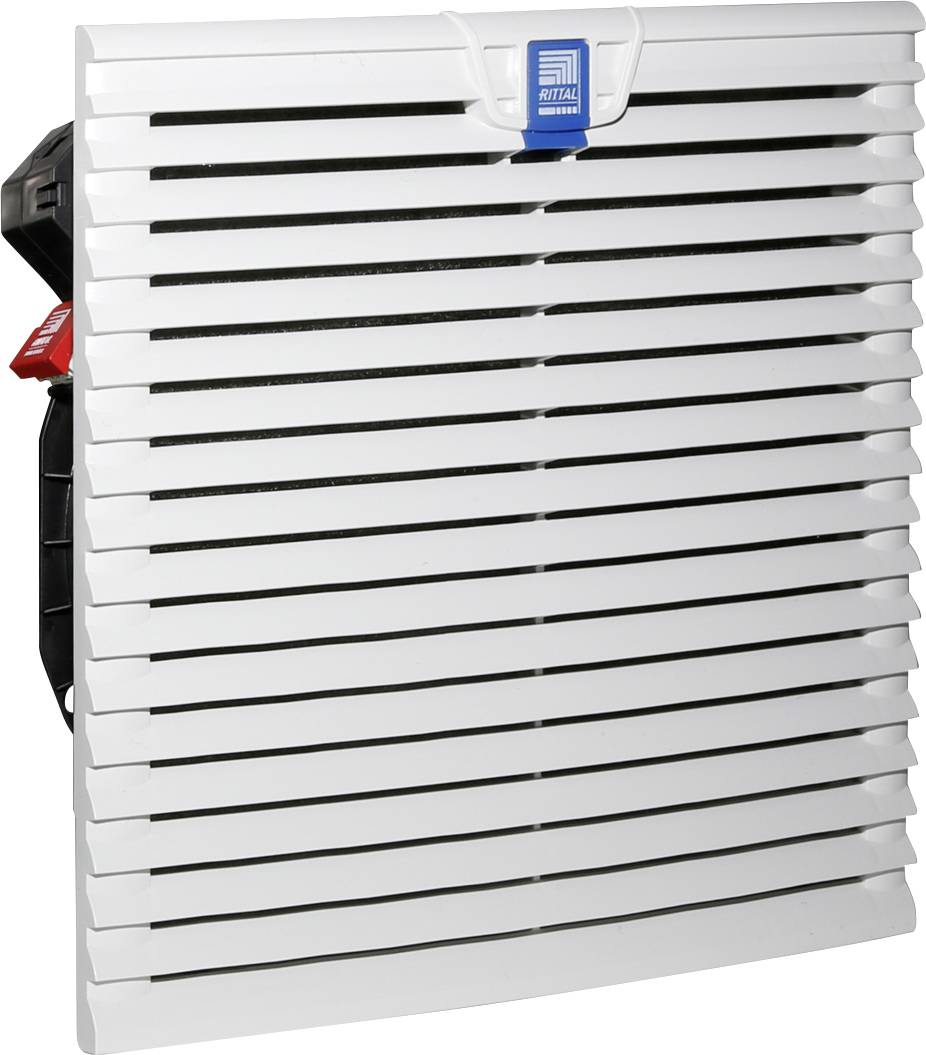 Een wit ventilatierooster met ventilator, mogelijk gebruikt voor elektronische apparaten of schakelkasten.