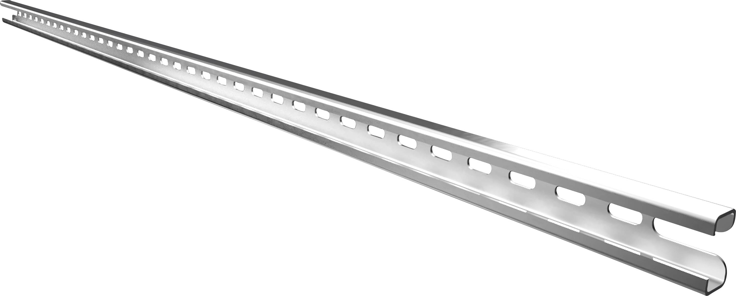 Metalen rail met regelmatig verdeelde rechthoekige gaten langs zijn lengte, diagonaal weergegeven.