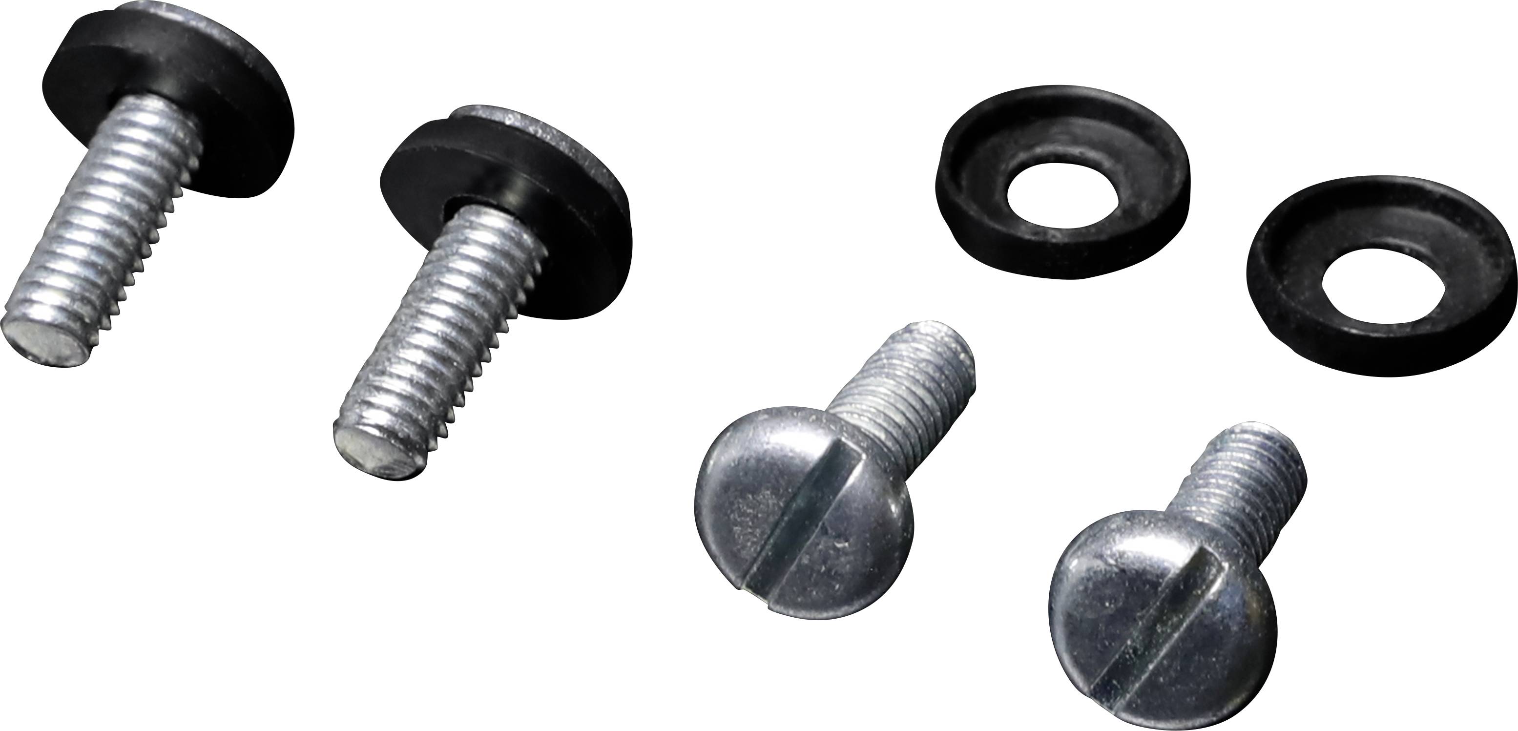 Vier metalen schroeven met sluitringen, twee met verzonken kop en twee met gleufkop, afgebeeld op een witte achtergrond.