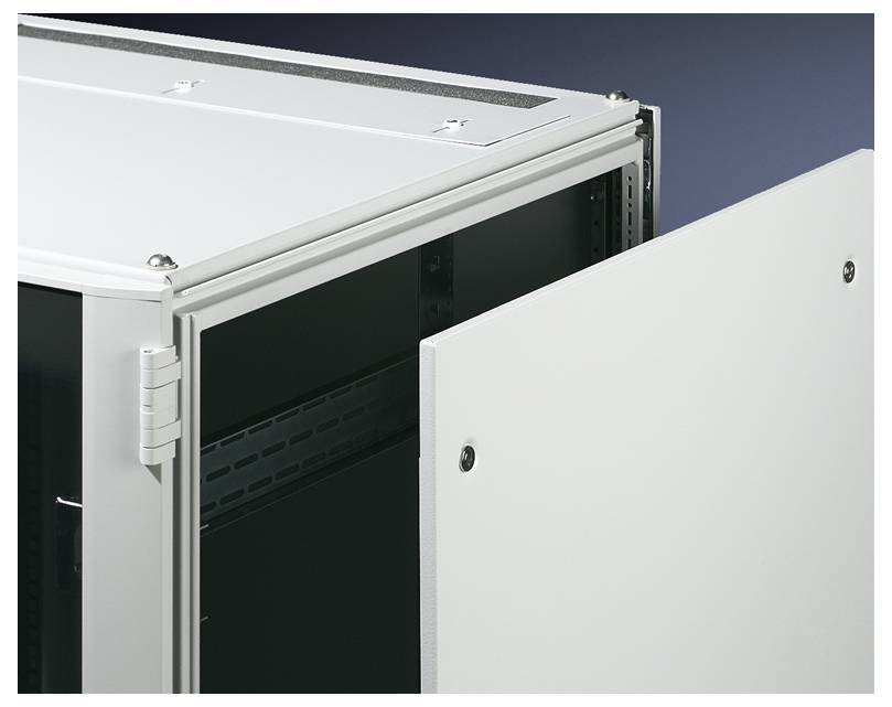 Opengevouwen metalen kast met scharnieren aan de zijkant, toont lege binnenruimte. Geschikt voor technische apparatuur of kabelbeheer.