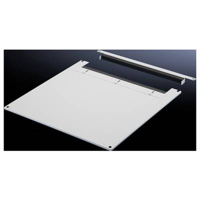 Op de afbeelding staat een rechthoekige metalen plaat met een verwijderbare strip, vermoedelijk een onderdeel of deksel, tegen een donkere achtergrond.