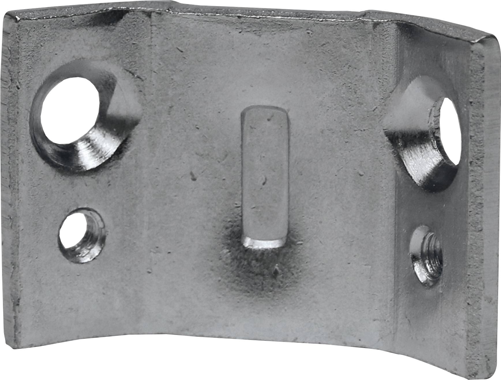 Metalen ophangbeugel met vier bevestigingsgaten, geschikt voor verbindingen in meubels of constructies.
