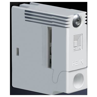 Een grijs elektrisch onderdeel met de opdruk 'PE/N' en een bedrijfslogo, gebruikt voor elektrische schakeling en beveiliging.