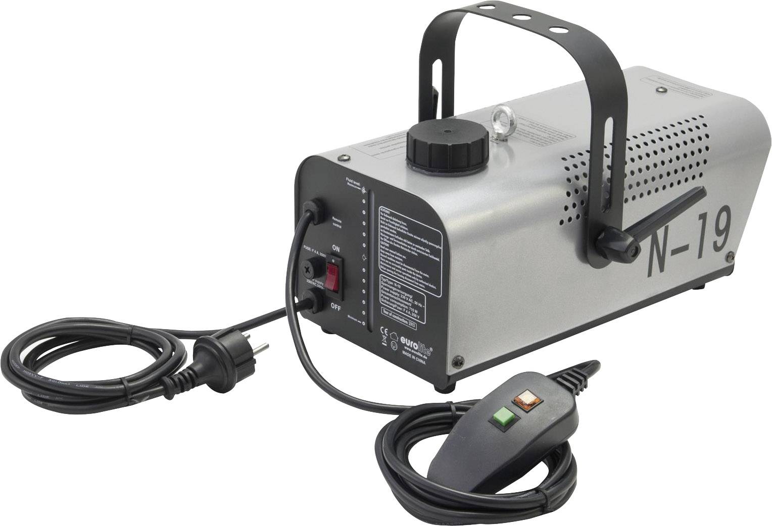 Draagbare rookmachine met stroomkabel en bedieningselementen, model N-19, in een grijs behuizing.