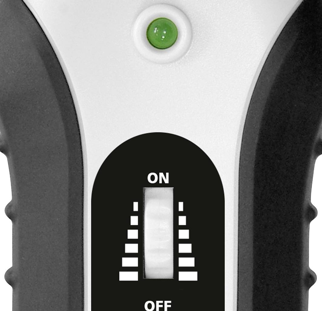 Een zwarte schakelaar op een wit apparaat met de aanduiding 'AAN' bovenaan en 'UIT' onderaan. Een groen lichtsignaal is zichtbaar.