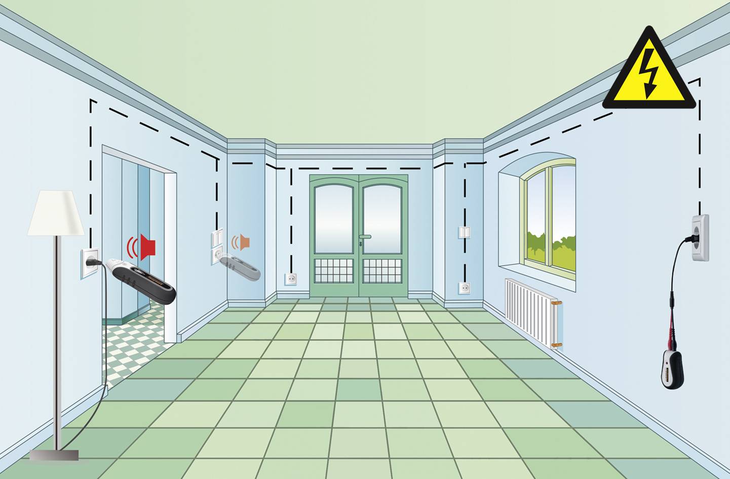 Een kamer met muren waaruit elektriciteitskabels steken. Een waarschuwingsbord met bliksemschicht geeft elektrisch gevaar aan.