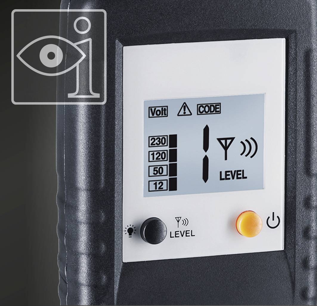 Digitaal display toont 'Volt 230 120 50 12', 'CODE', symbool met antenne en '1 NIVEAU'. Oranje toets ernaast.
