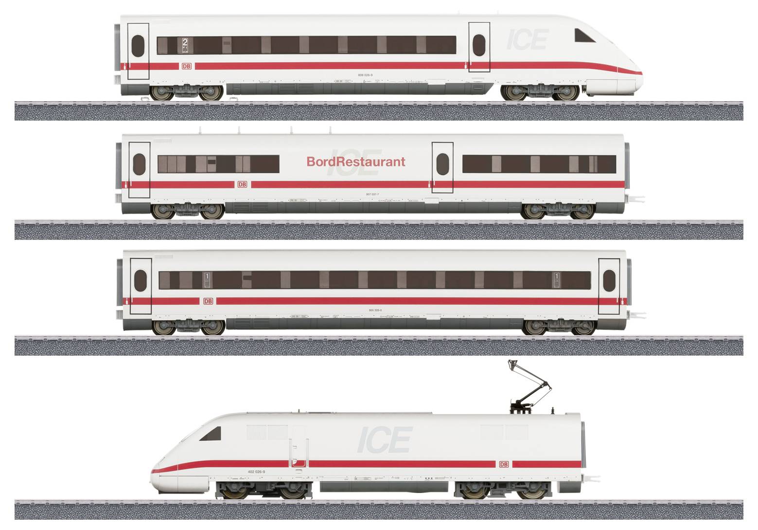 Een ICE-trein met meerdere rijtuigen, waaronder een restauratiewagen met het opschrift 'BordRestaurant', weergegeven op een spoortraject.
