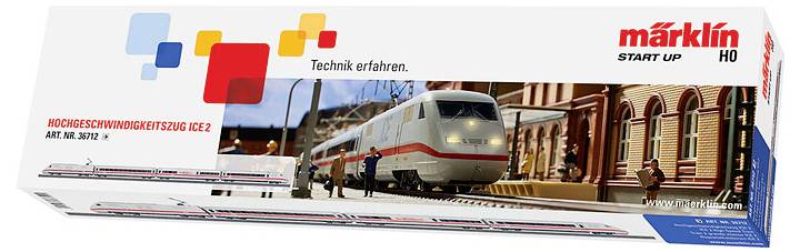 Verpakking van een Märklin modelspoorbaan-set met een ICE-trein afgebeeld. Tekst: 'Techniek ervaren. Hogesnelheidstrein ICE 2'.