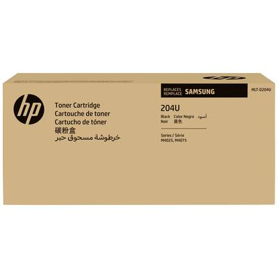 Een bruine HP tonercartridge-verpakking met de vermelding '204U, Zwart, vervangt Samsung MLT-D204U'. Geschikt voor printermodellen M4025, M4075.