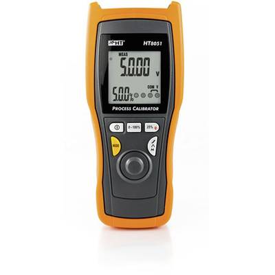 Een oranje-zwarte proceskalibratormet een display met '5,00 V' en '5,0 %'. Toetsen voor verschillende functies onderaan het apparaat.