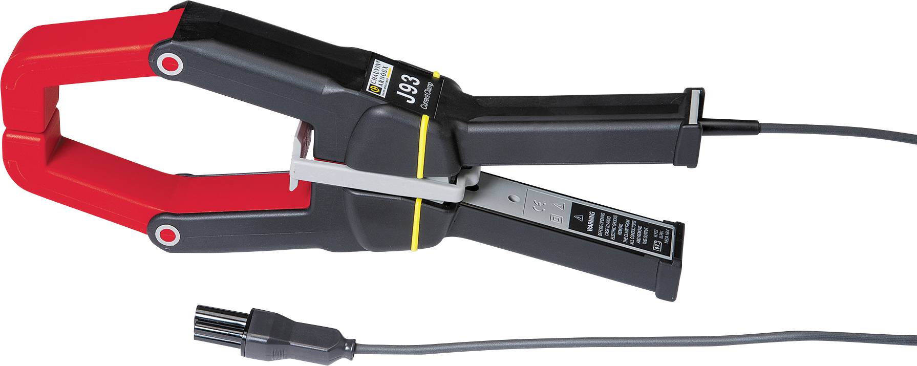 Een zwarte en rode stroomtang met kabel voor het meten van elektromagnetische velden bij elektrische apparaten.