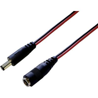 Zwart-rood stroomkabel met mannelijke en vrouwelijke stekker, geschikt voor elektrische verbindingen of stroomvoorzieningen.