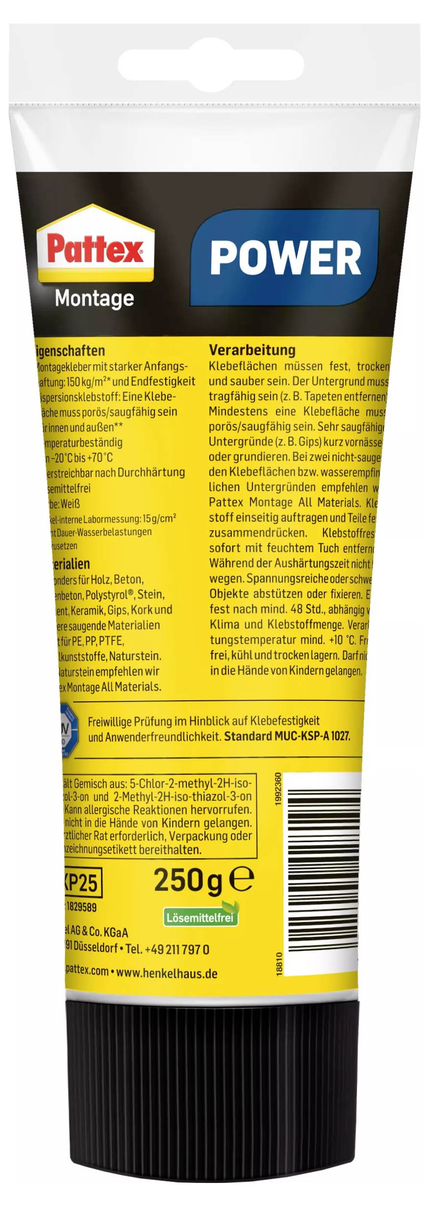 Een tube Pattex montagekit. Etiket toont productdetails zoals 'POWER', toepassingsgebieden en verwerkingsinstructies. 250 g inhoud.