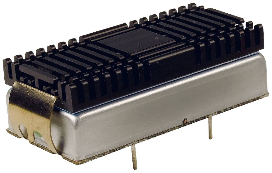 Een rechthoekige elektronische microchip met een zwarte koellichaam op een zilveren voet, toont onderdeel voor elektronische apparaten.