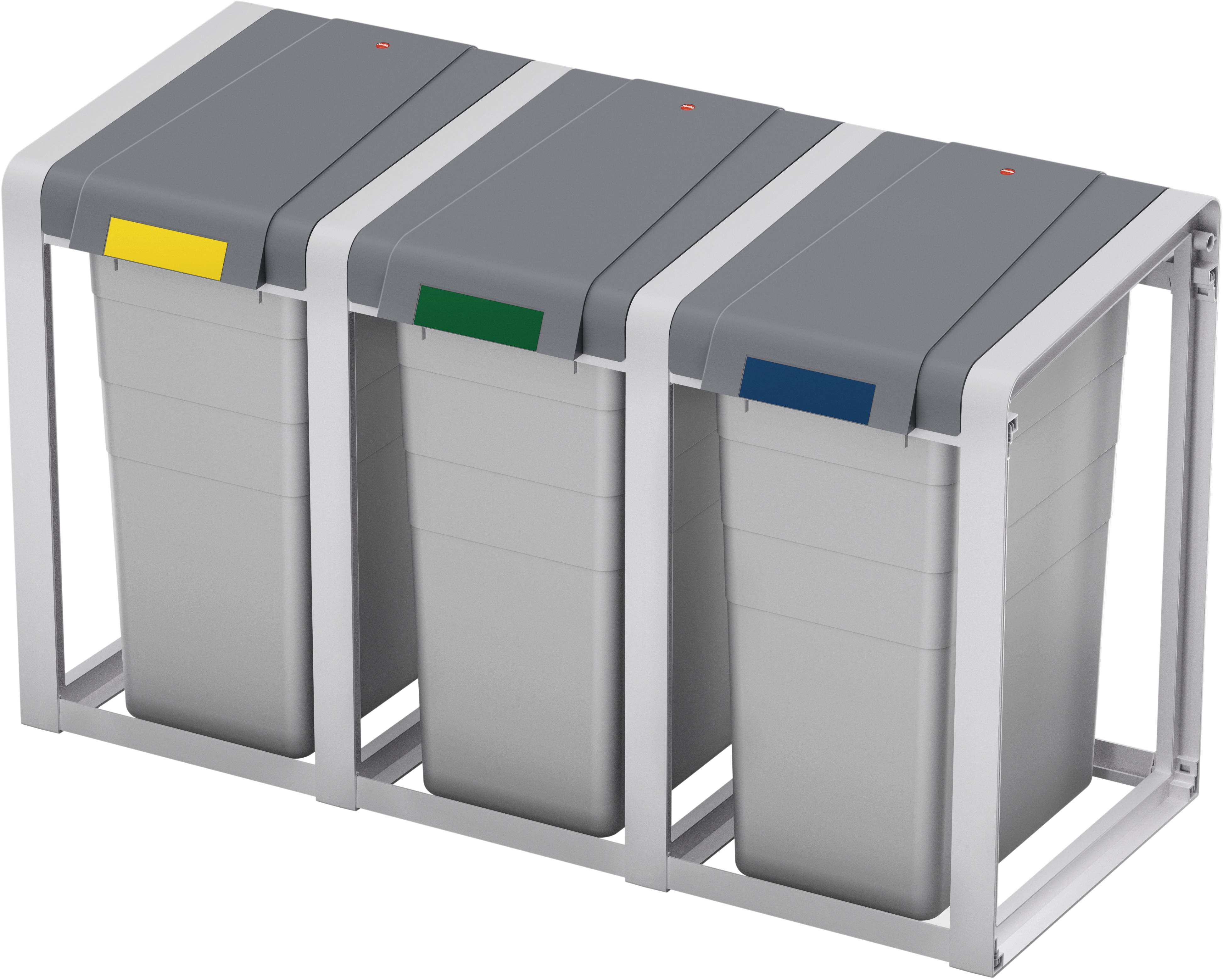 Drie grijze vuilcontainers voor afvalscheiding, elk met gekleurde kleppen: Geel voor waardevolle materialen, Groen voor organisch afval, Blauw voor papier.