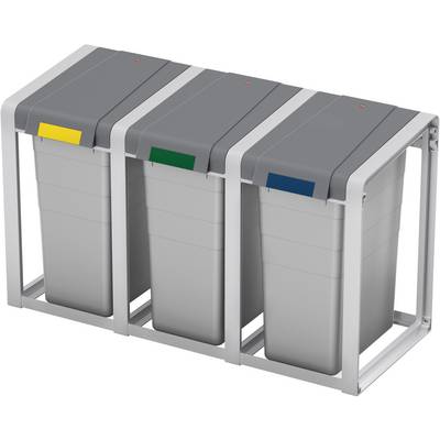 Drie grijze vuilcontainers voor afvalscheiding, elk met gekleurde kleppen: Geel voor waardevolle materialen, Groen voor organisch afval, Blauw voor papier.