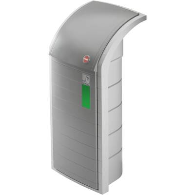 Grijze, gebogen behuizingskast met een klein rood logo en een groen display, bedoeld voor het huisvesten van elektronische apparaten of besturingseenheden.