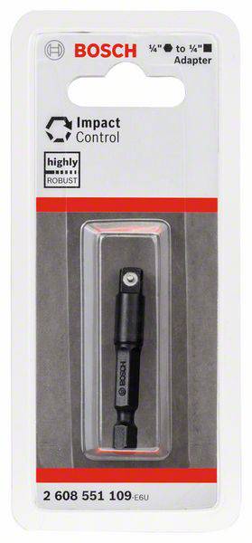 Verpakking van een Bosch Impact Control-adapter, 1/4 inch naar 1/4 inch. Tekst: 'uiterst robuust'. Productcode: 2 608 551 109.