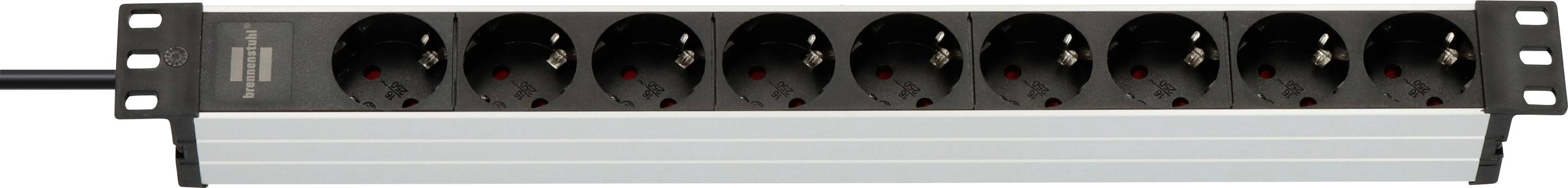 Zwarte inbouwbare stroomstrook met twee voorste stromaansluitingen en vier indicatorlampen op een zilveren paneel.