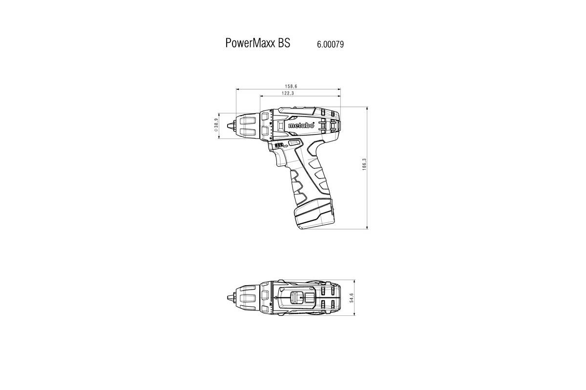 'Technical drawing of a PowerMaxx BS cordless screwdriver with detailed dimensions and model number 6.00709. Side and top view.'