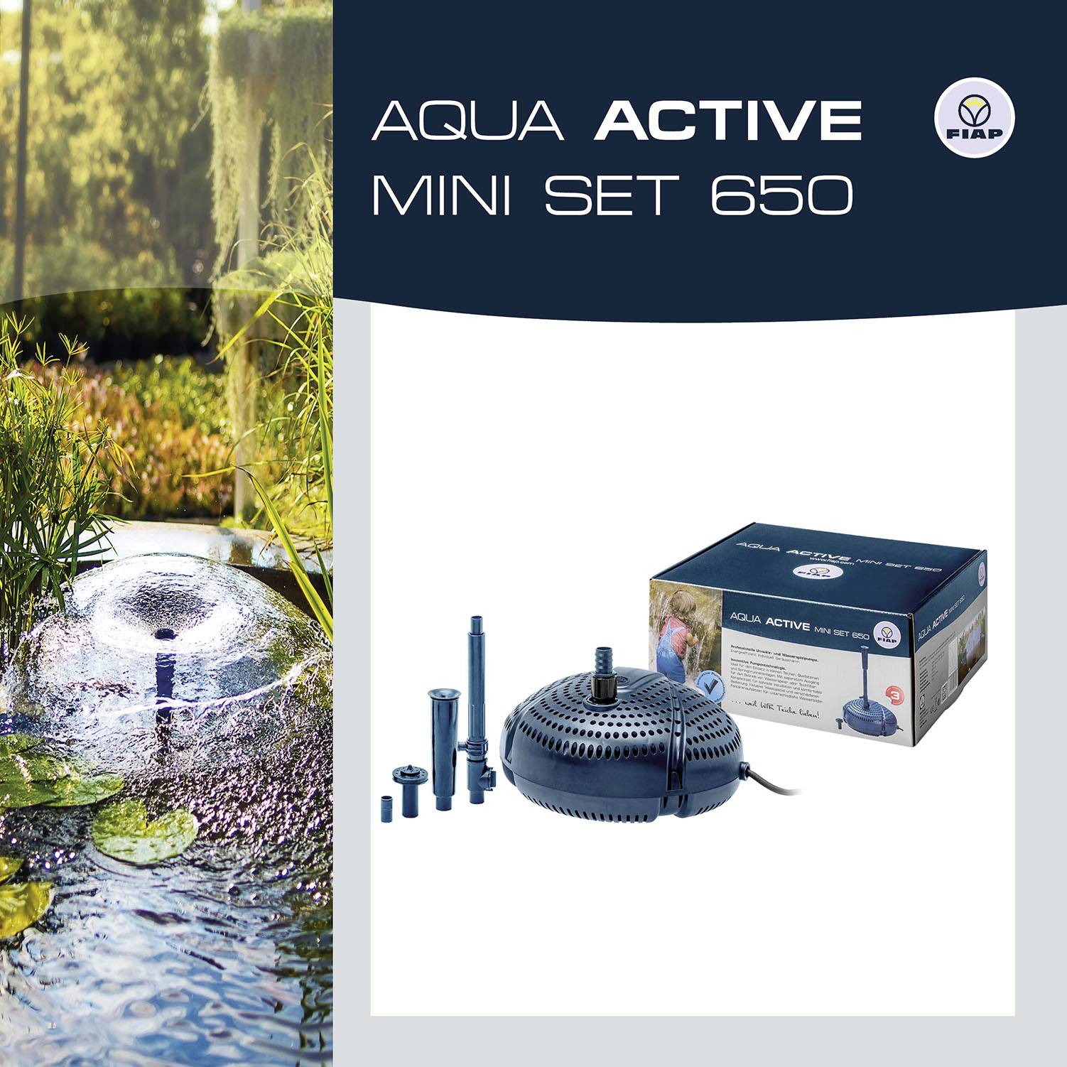 'FIAP Aqua Active Mini Set 650' fonteinset-afbeelding. Links spuit water uit een ronde fontein, rechts het set met verpakking.