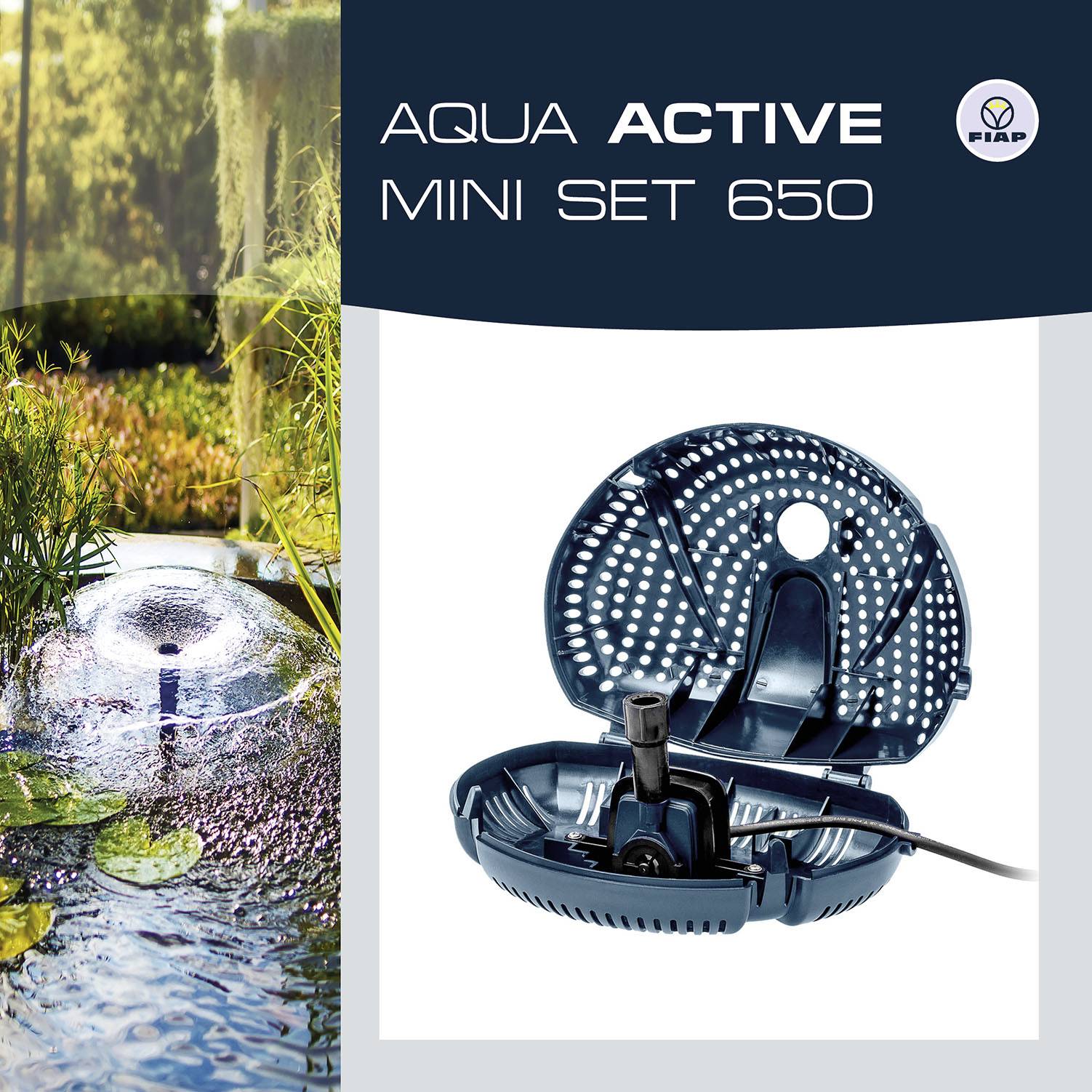 'Aqua Active Mini Set 650' met een kleine waterpartij in een vijver, links in het beeld, omringd door planten. Productafbeelding rechts.