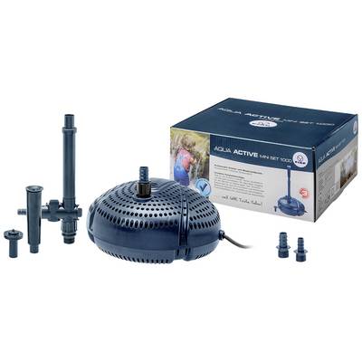 Vijverpompset met verschillende sproeiers en kartonnen verpakking. Het set is geschikt voor vijvers tot 1000 liter. De verpakking toont een afbeelding van een vijver.