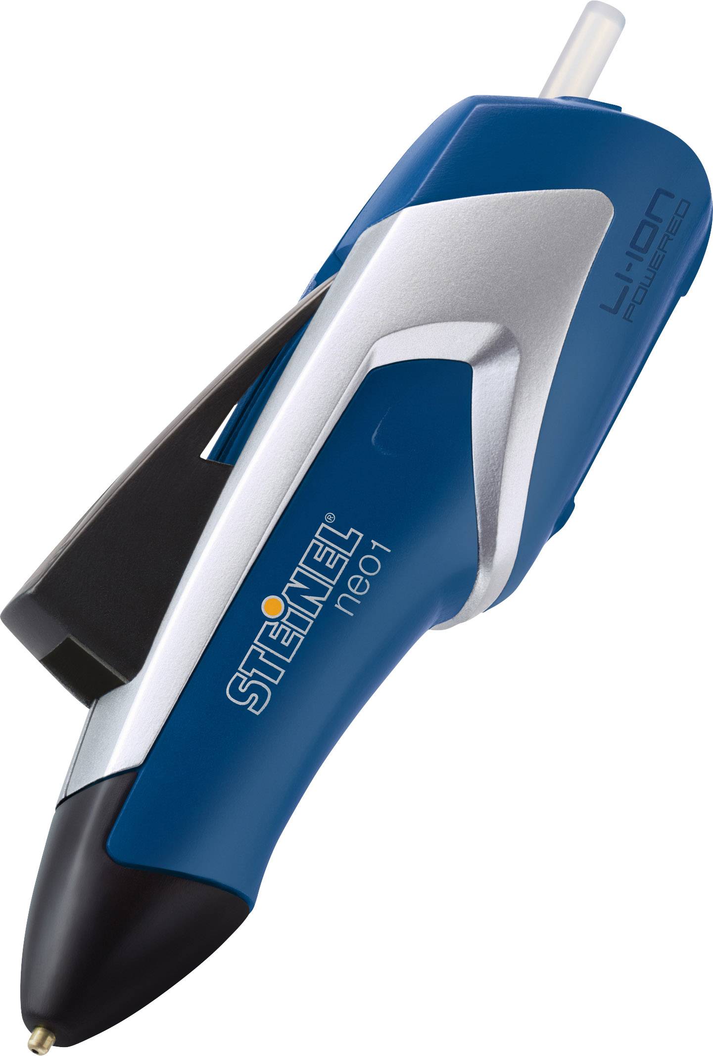 'STIÉNEL neo1 Li-Ion' blauwe lijmpistool, compact en draadloos, voor precisietoepassingen.