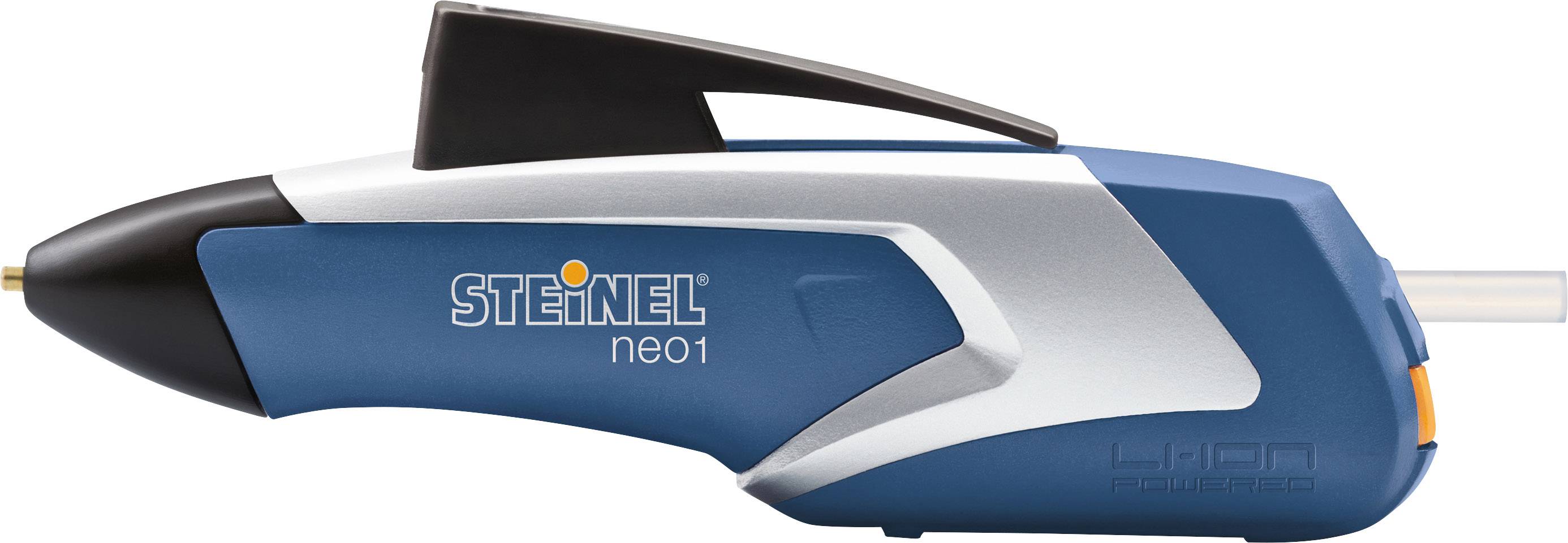 Lijmpistool, zijaanzicht, blauw en zwart, met oranje logo 'Steinel neo1' op de behuizing.