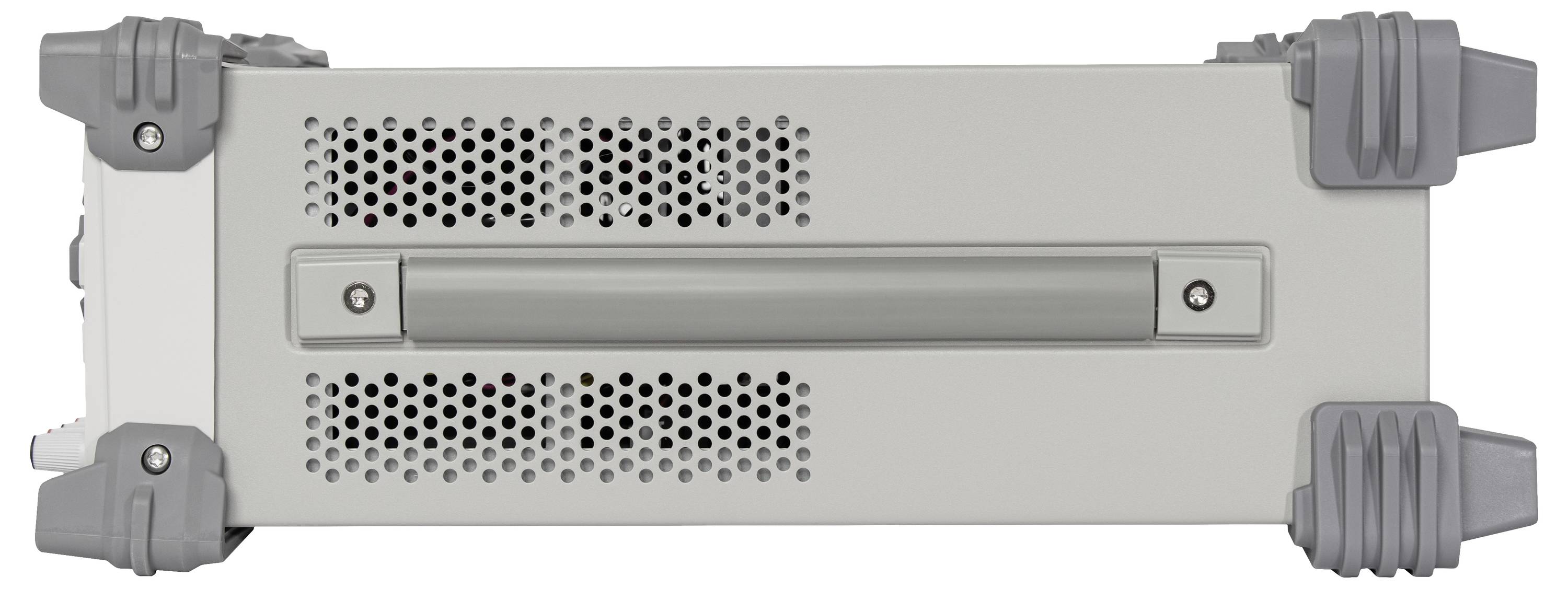 Een grijs, rechthoekig elektronisch apparaat met ventilatiesleuven aan de zijkanten en een handgreep aan de voorkant.