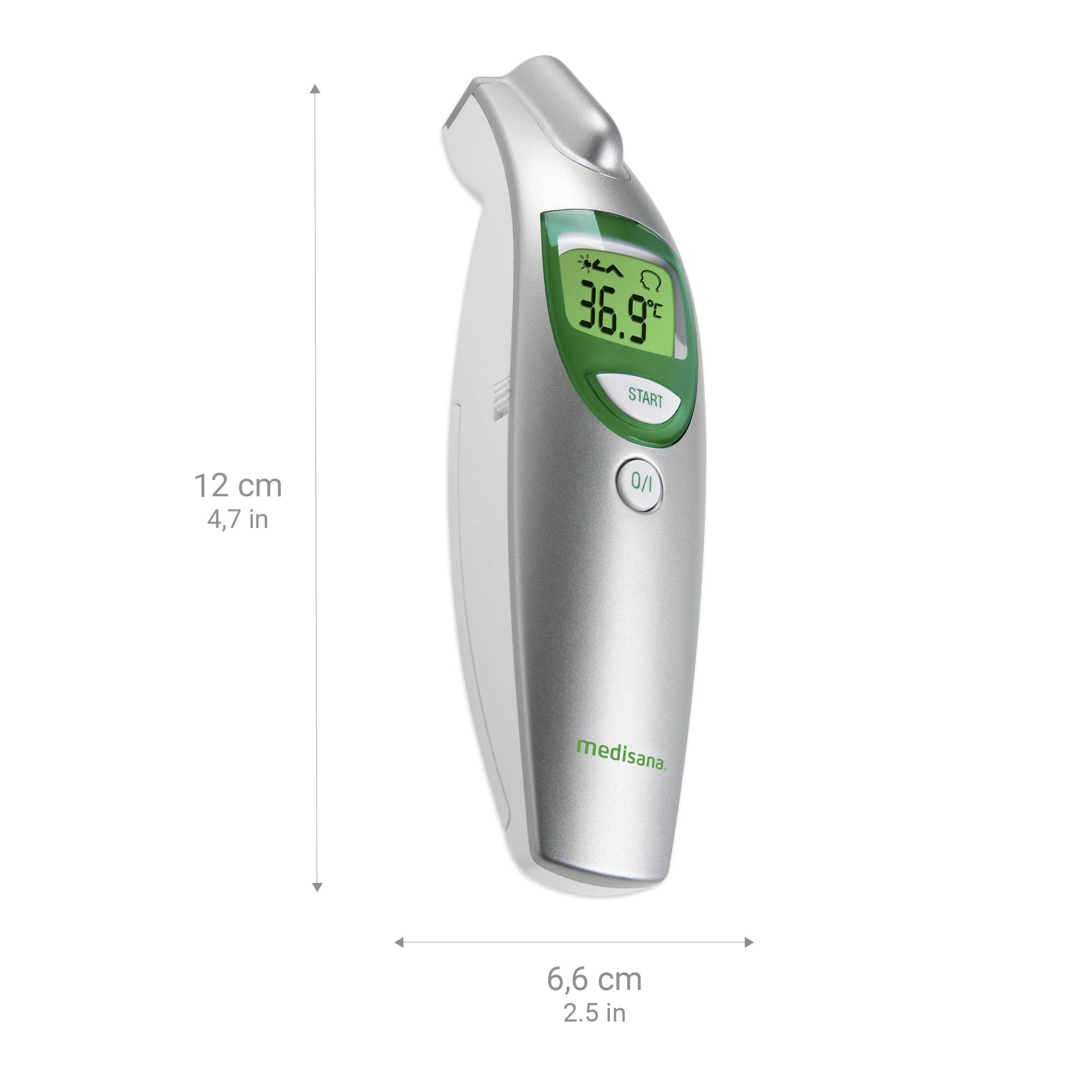 Digitale koortsmeter zijdelings weergegeven, hoogte 12 cm, breedte 6,6 cm, toont 36,9 °C.